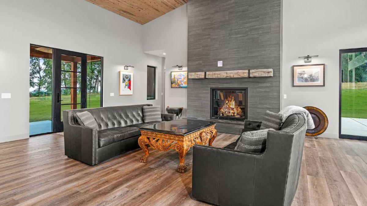 Check Out This Living Room with a Bold Fireplace and Rustic Touches