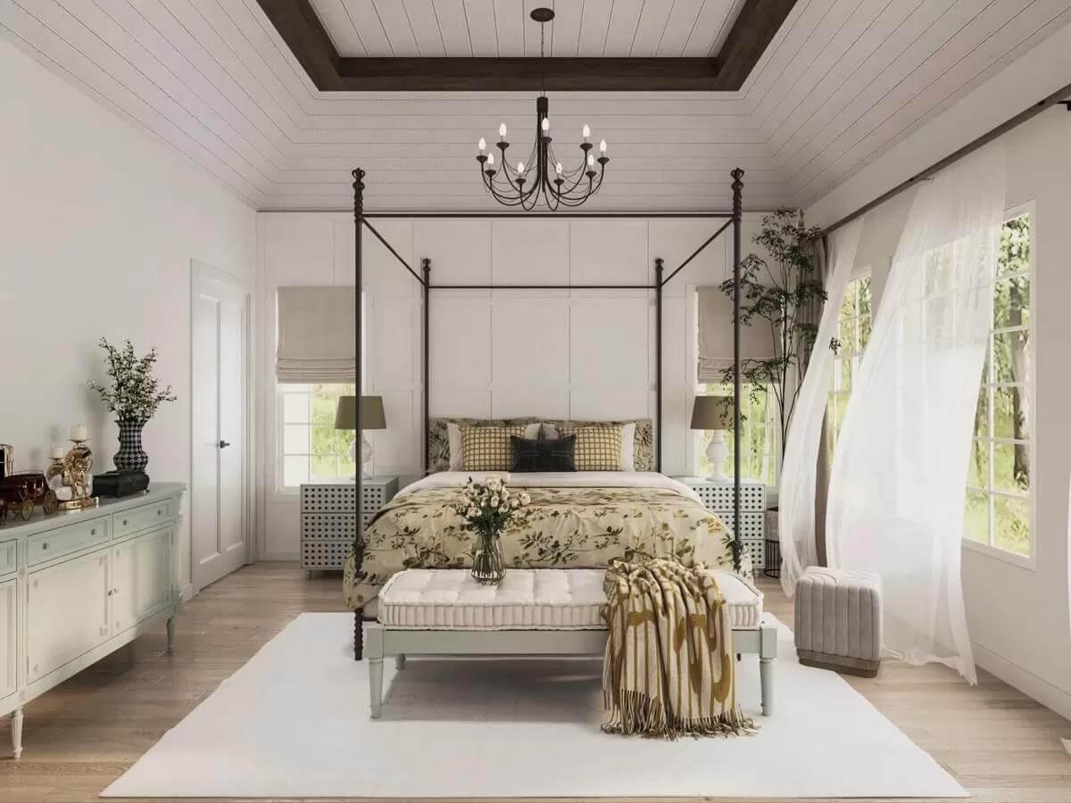 Elegant Bedroom with a Canopy Bed and Chandelier Accent