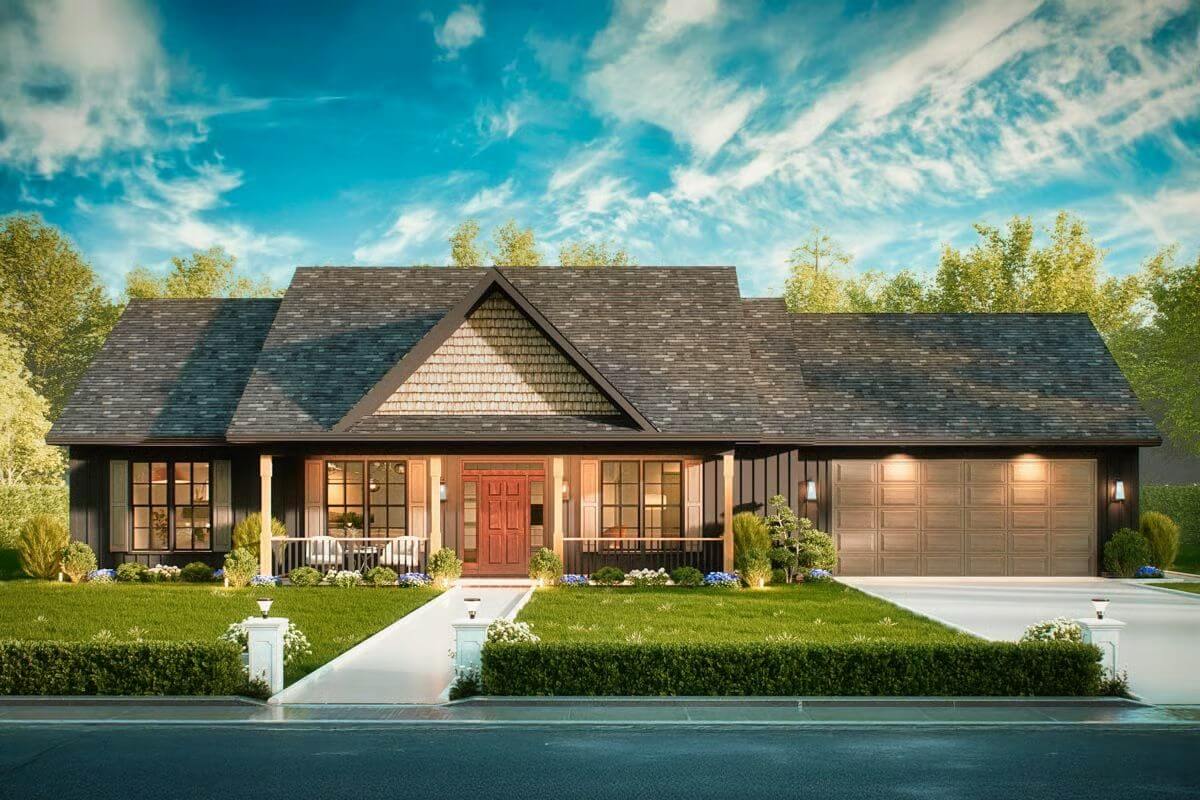 New American-Style Ranch with 3 Clustered Bedrooms and Open-Concept Living (Floor Plan)