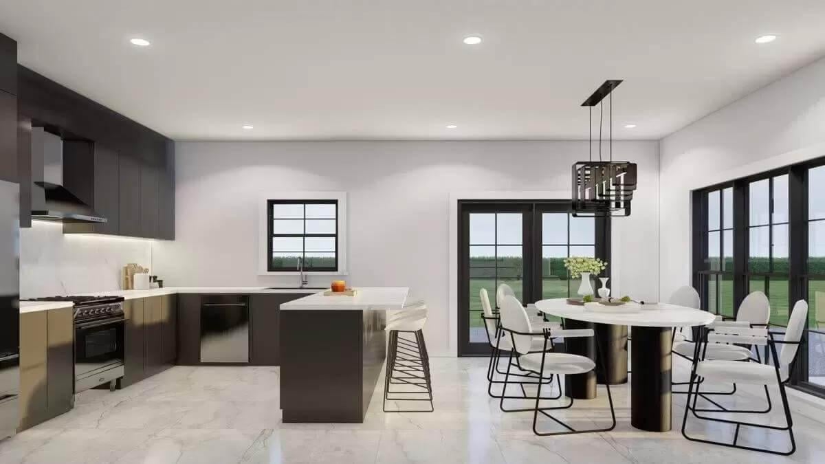 Sleek Kitchen with Dark Cabinetry and Integrated Dining