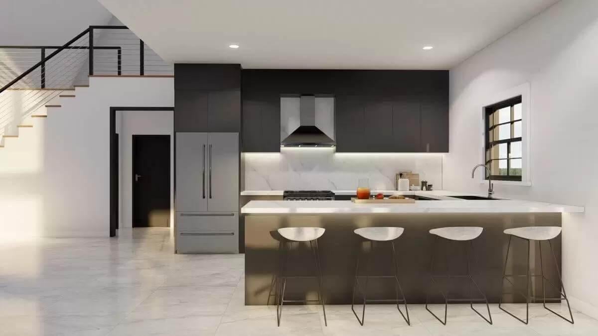 Sleek Kitchen Design Featuring Dark Cabinetry and Marble Accents