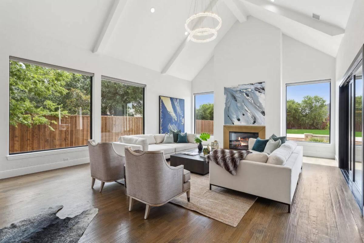 Expansive Living Room with Vaulted Ceilings and Scenic Views