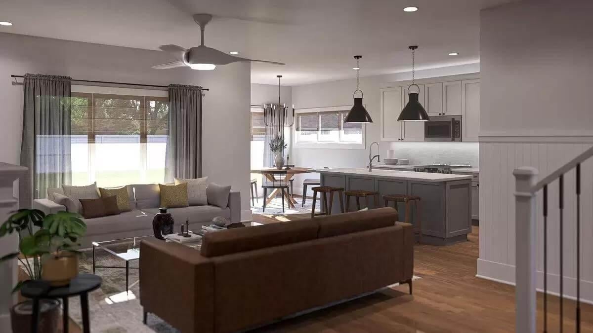 Open-Concept Living Room and Kitchen with Industrial Lighting