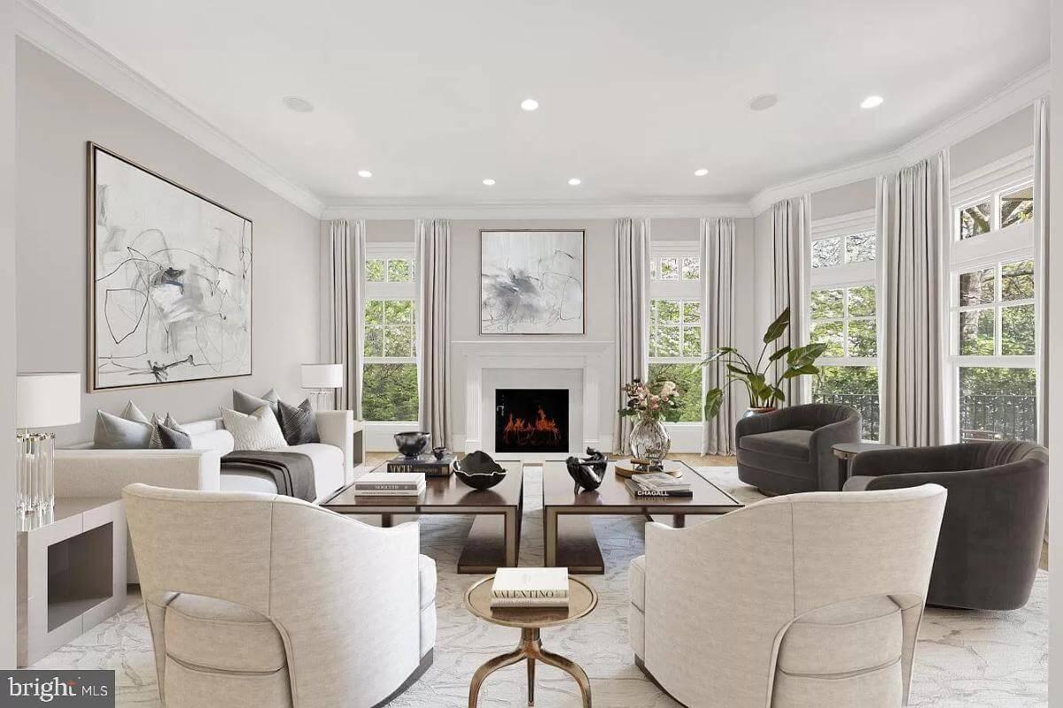 Gather Around This Chic Living Room Anchored by a Statement Fireplace
