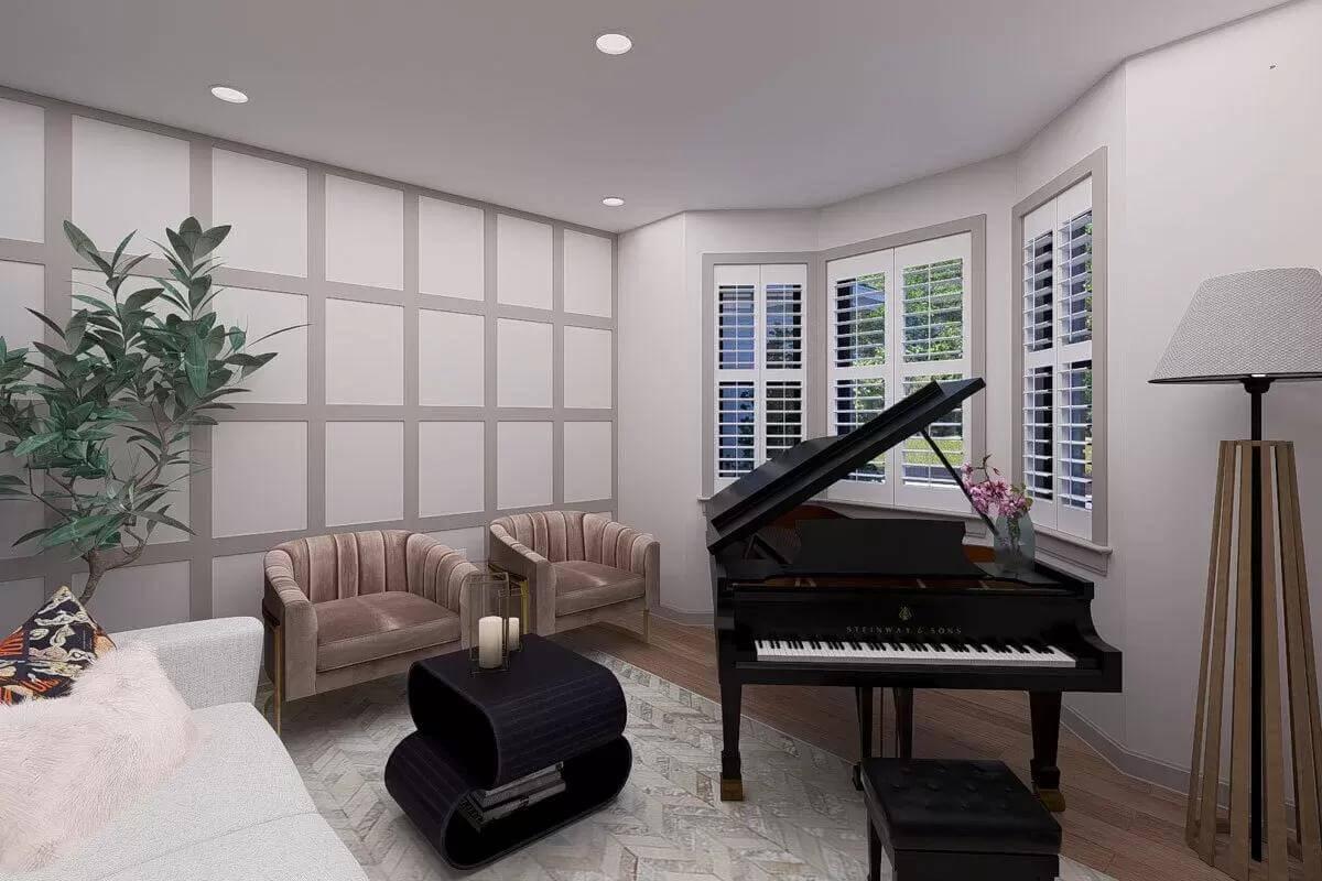 Elegant Music Room with Panelled Walls and Soft Seating