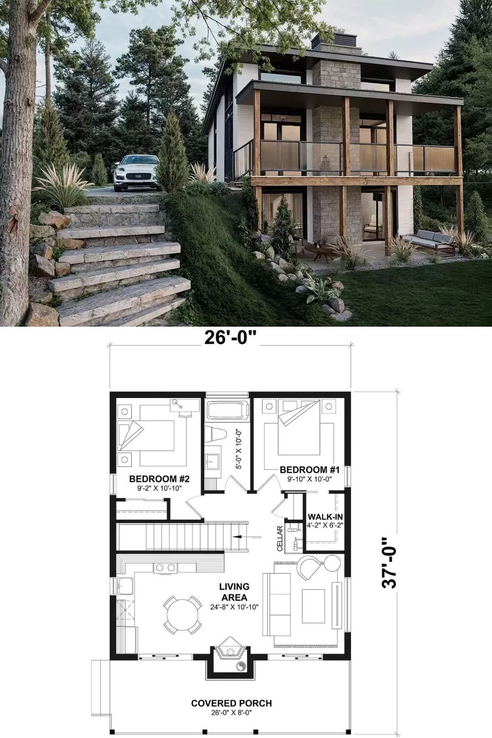 This sleek contemporary home is designed to harmonize with its natural surroundings while making a bold architectural statement. The exterior combines light vertical siding with rugged stone accents and natural wood posts, enhanced by flat rooflines and expansive overhangs. Full-height glass doors and windows open the interior to the outdoors across both levels, while upper and lower covered porches provide tranquil spaces to unwind in all seasons.