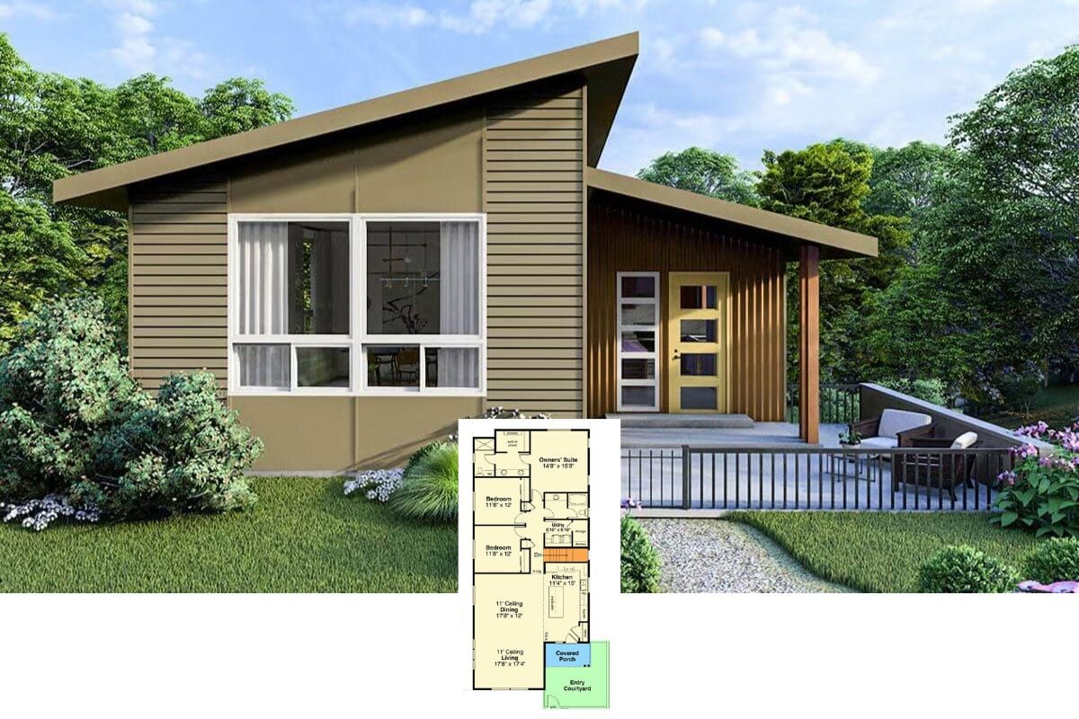 Contemporary-Style 3-Bedroom Home with Entry Courtyard and Drive-Under Garage (Floor Plan)