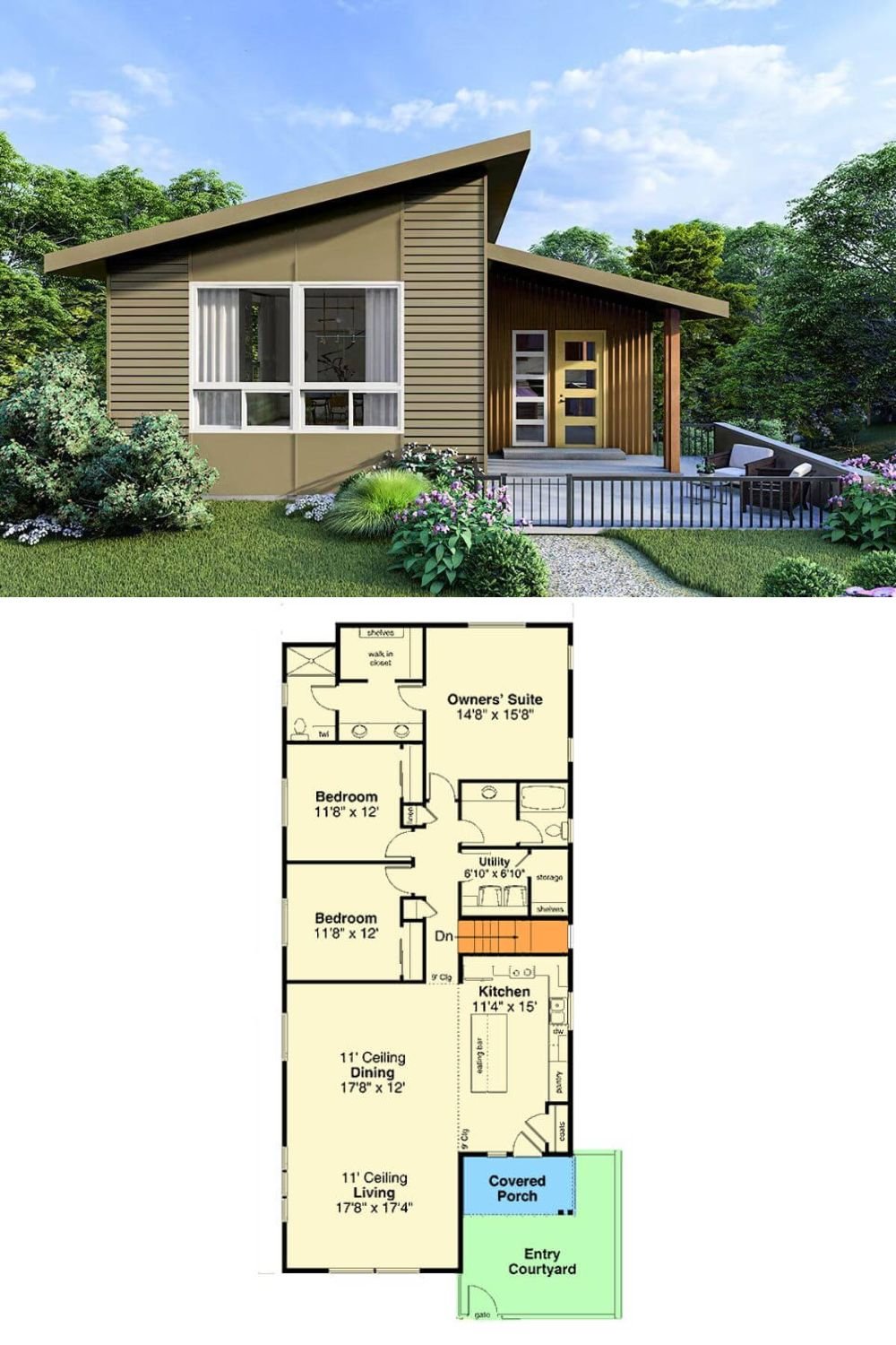 This contemporary home blends mid-century inspiration with a fresh, modern twist. The asymmetrical shed roof and clean, horizontal lines create a distinctive profile, while the mix of vertical and horizontal siding introduces visual interest and depth. A wide picture window and stylized entry door add character to the front façade, while the gated courtyard and covered porch offer a welcoming and semi-private outdoor entry experience.