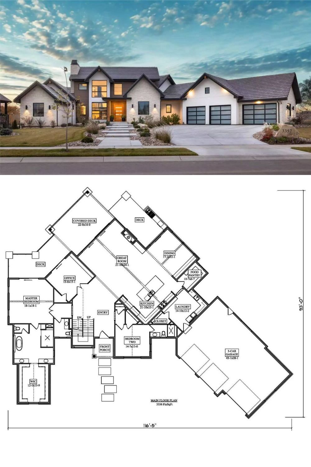 This contemporary farmhouse presents a dramatic façade with steep gables, black-framed windows, and a combination of light stone and dark trim that creates a sophisticated contrast. The entry is accentuated by a warm wooden door and flanked by modern wall sconces, while a trio of garage doors on the right adds to the home’s clean symmetry.