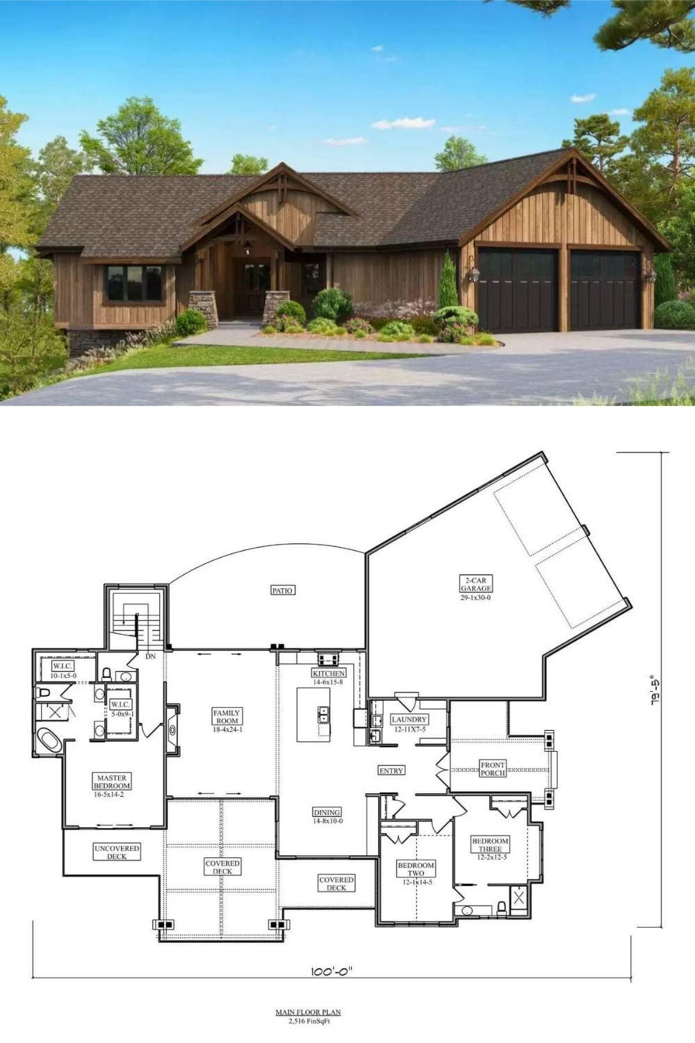 This craftsman-style home showcases a warm wood exterior with board-and-batten siding, gabled rooflines, and timber accents that highlight its rustic elegance. Stone bases at the entry columns and dark-trimmed windows enhance the home’s mountain-inspired character. A two-car garage is seamlessly integrated into the facade, balancing functionality with aesthetic appeal.