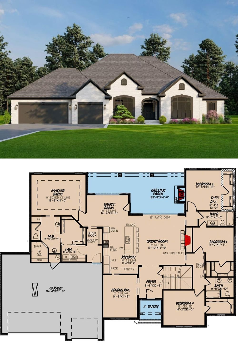 This European-style residence features a stately brick exterior with a soft white finish and bold black trim that defines the arched windows, rooflines, and shutters. The steeply pitched hip roof and subtle gables add visual interest and a sense of grandeur. Three dark-toned garage doors blend seamlessly into the facade, positioned on the left for practical yet discreet vehicle access. A deep, arched entryway provides a focal point, sheltering the front door in a tasteful and inviting manner.