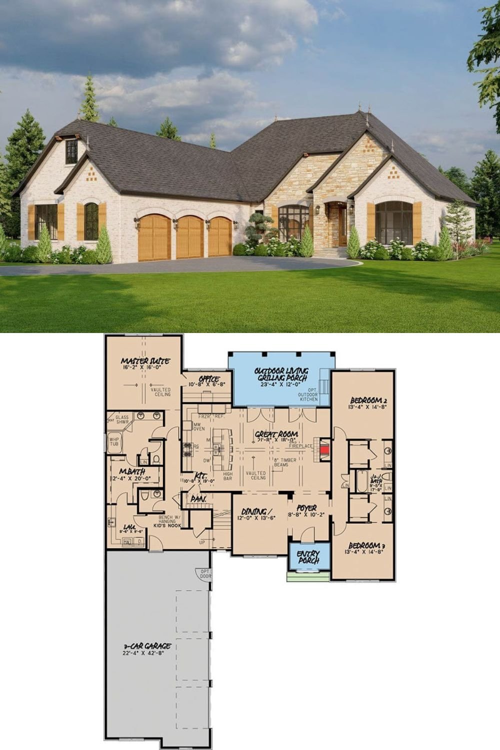 This European-inspired residence exudes timeless elegance with its mix of light brick, stone accents, steeply pitched gables, and arched wooden shutters. The triple-arched garage doors and detailed ironwork above the entry enhance its classic charm. A stately entry porch invites you into the refined interior while maintaining a warm and welcoming curb appeal.