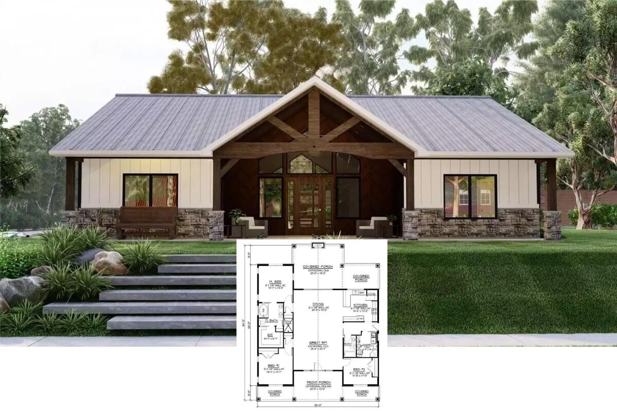 Barndominium-Style 3-Bedroom Evergreen Barn Home with Front Porch and Covered Patio (Floor Plan)