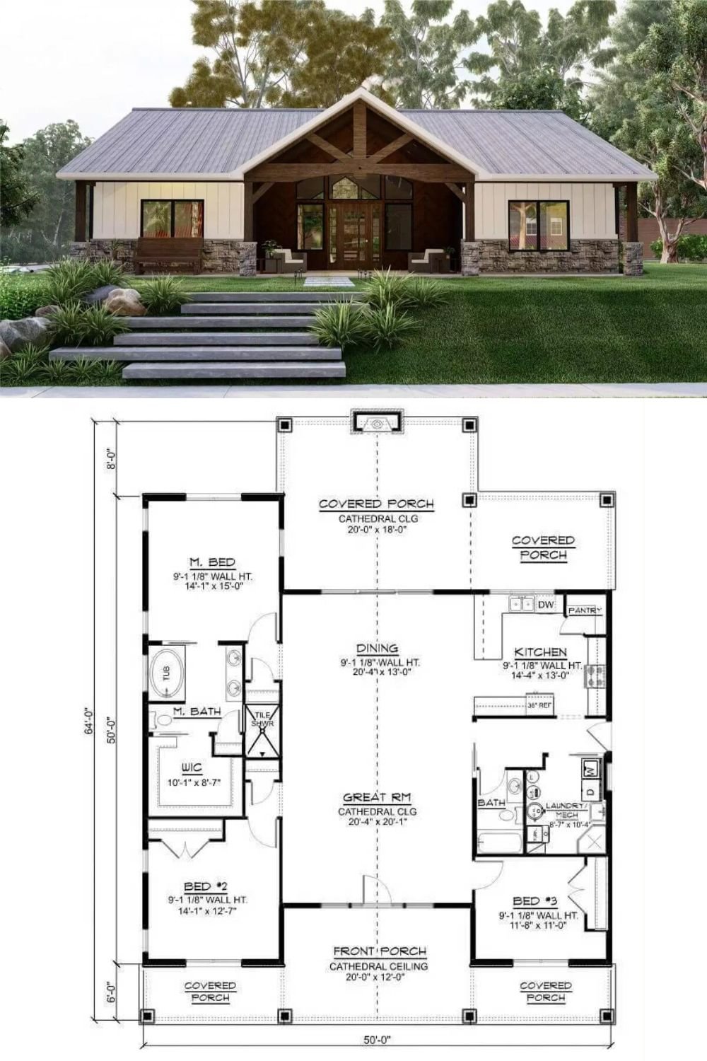 This single-story home blends modern farmhouse style with rustic elegance. Its facade features a combination of light vertical board-and-batten siding and natural stone accents, complemented by dark wood trim and exposed trusses in the prominent gabled front porch. The symmetrical design is anchored by two side covered porches, creating a welcoming and balanced appearance.