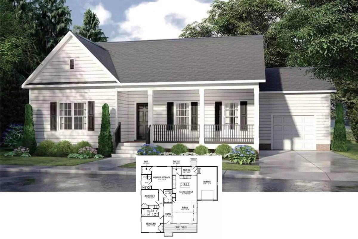 Graceville Traditional Country-Style Home with Front Porch and 3 Bedrooms (Floor Plan)