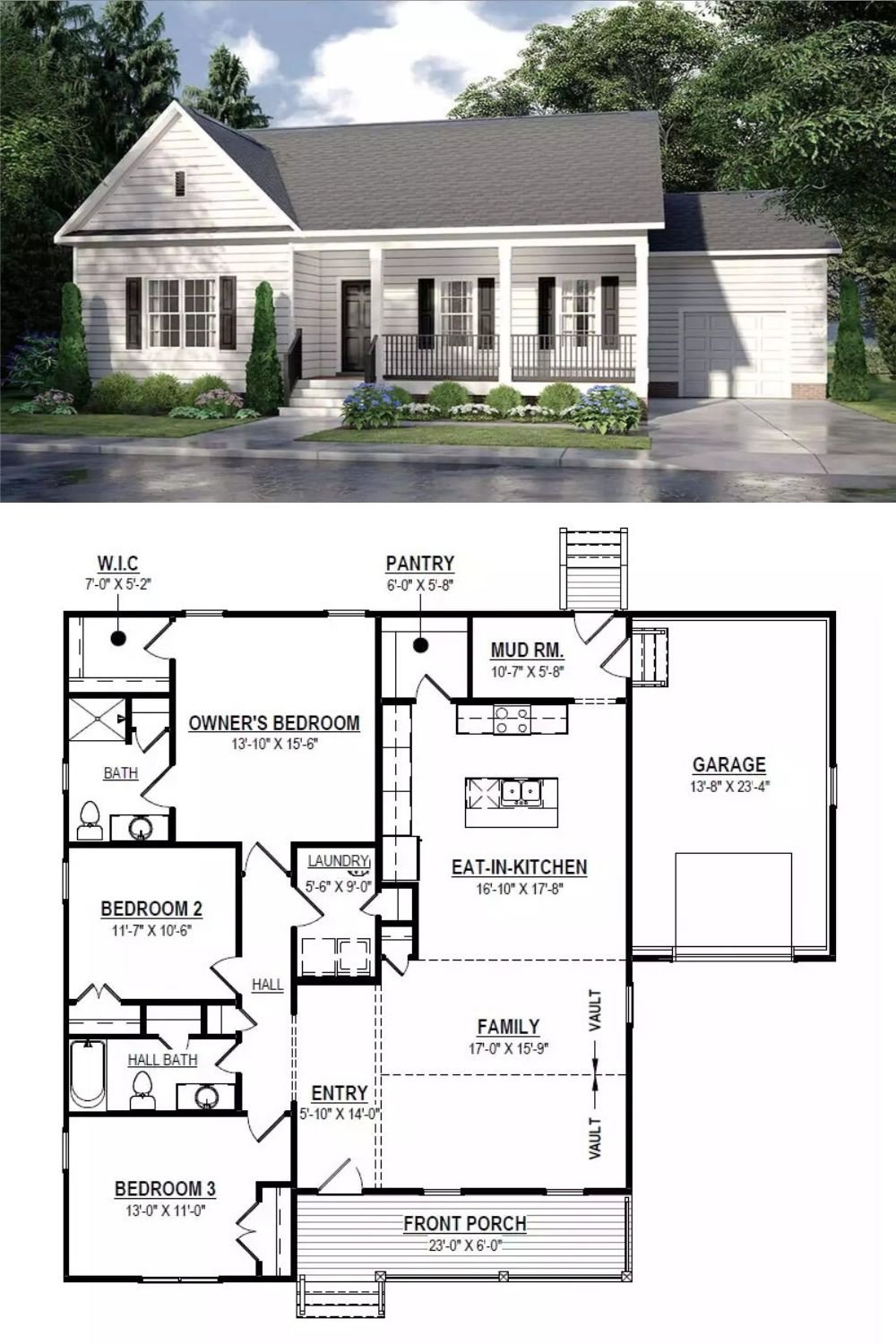 This traditional country home showcases timeless charm with its gabled roof, horizontal siding, and inviting covered front porch. Black shutters and matching railings add contrast to the light-toned façade, while the side-entry garage is neatly tucked to the right for a clean, balanced look.