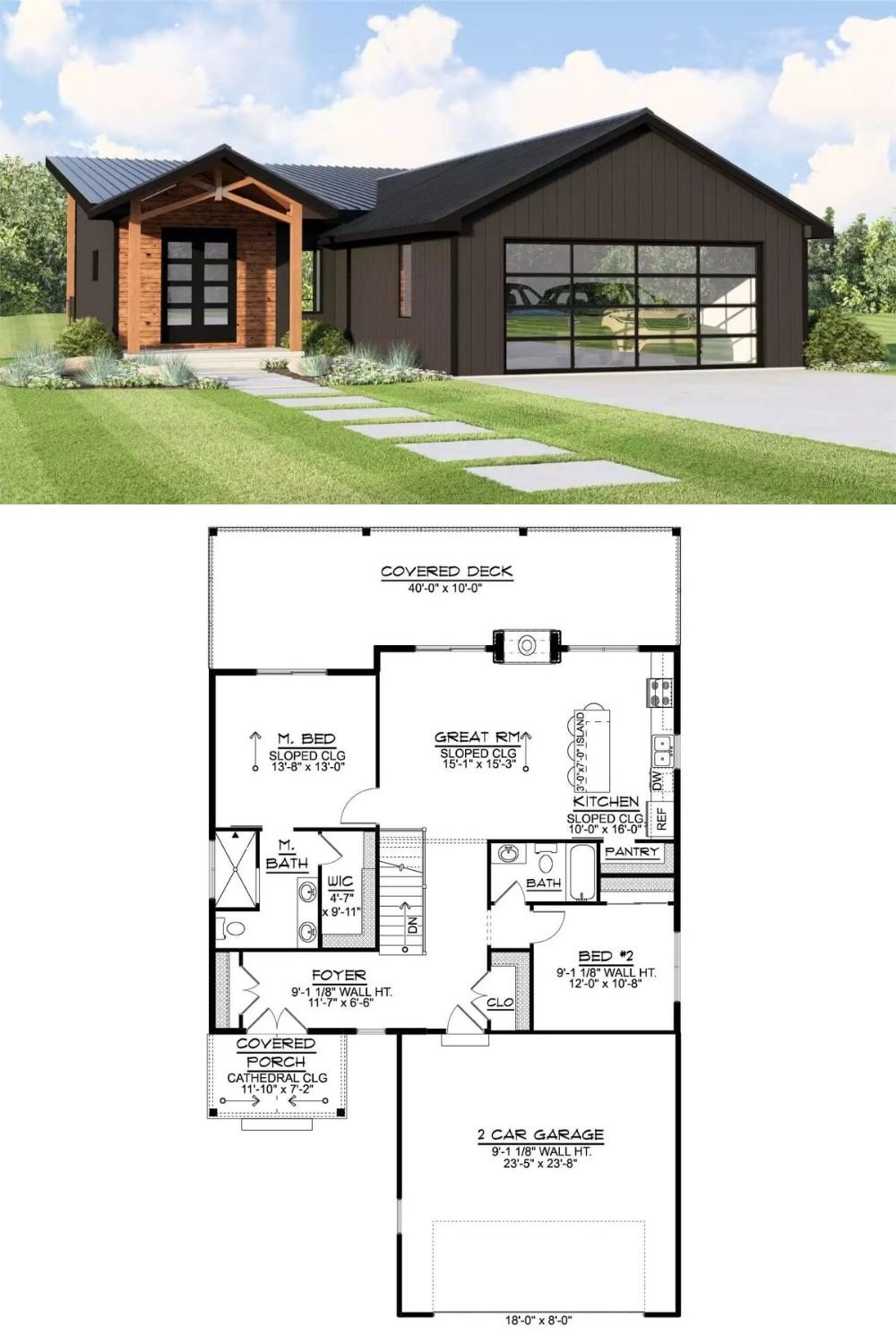 This modern barndominium showcases a bold, contemporary exterior with a mix of warm wood textures and sleek dark siding. A striking front entrance features a gabled roof with exposed beams and a stylish black door with glass panels. A two-car garage with a full glass-paneled door adds a clean, modern edge and enhances curb appeal.