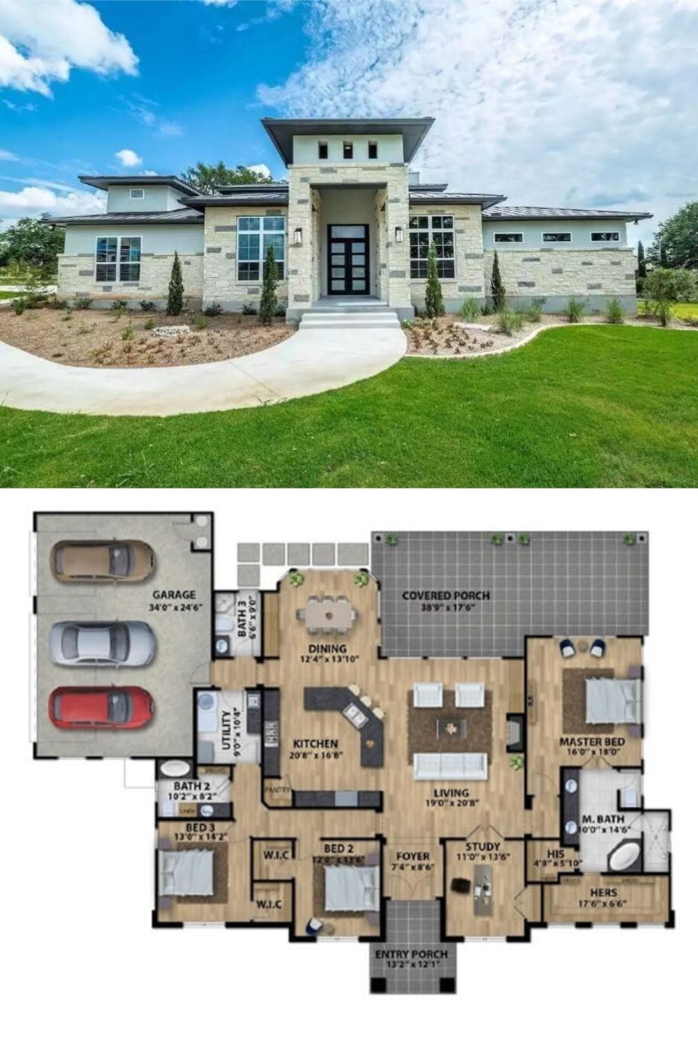This modern Southwest home presents a striking contemporary facade with clean geometric lines, a mix of flat and low-pitched rooflines, and a blend of stone and stucco finishes. The bold entry tower draws attention with vertical slit windows and a sleek black-framed glass door, while expansive windows across the front elevation allow natural light to flood the interior.