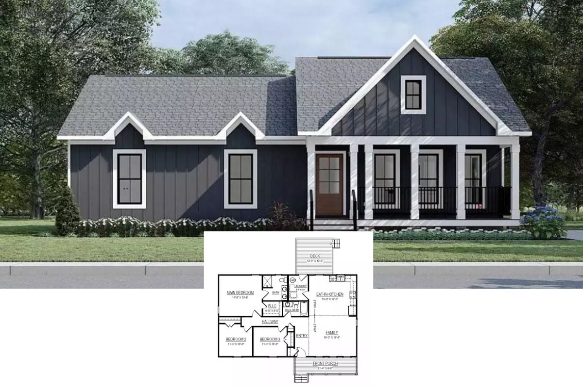 3-Bedroom Viola Country Ranch with Open Living Space and Covered Front Porch (Floor Plan)