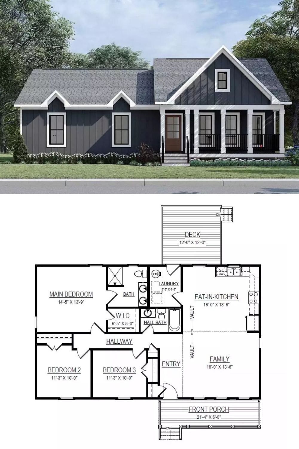 This country ranch home showcases a bold exterior with vertical siding, crisp white trim, and sharply pitched gables that add depth and symmetry. The prominent front gable crowns a wide, welcoming porch supported by squared columns and finished with black railings, giving the home a classic yet modern farmhouse appeal.
