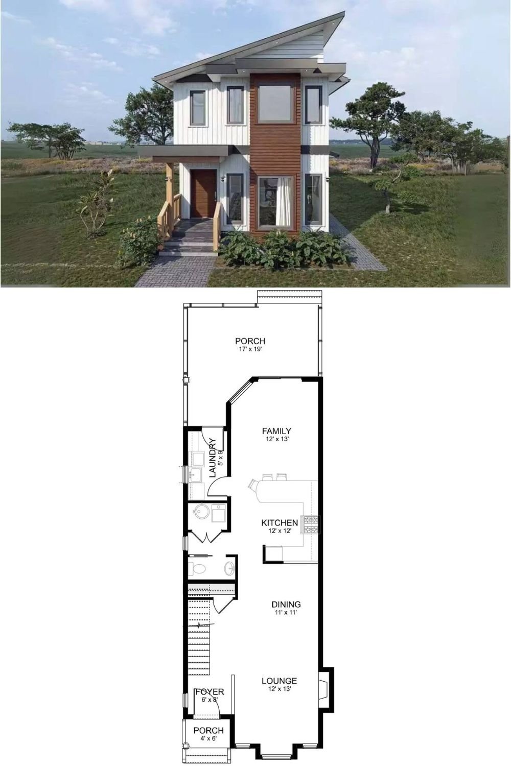 This compact modern home features a striking façade defined by sharp lines and bold contrast. Vertical board-and-batten siding is paired with horizontal wood-tone panels for a warm yet contemporary aesthetic. A dramatic asymmetrical roofline and strategically placed windows add dimension and architectural flair. The modest covered entry, supported by clean wooden posts, offers a stylish and functional welcome to this narrow-lot-friendly residence.
