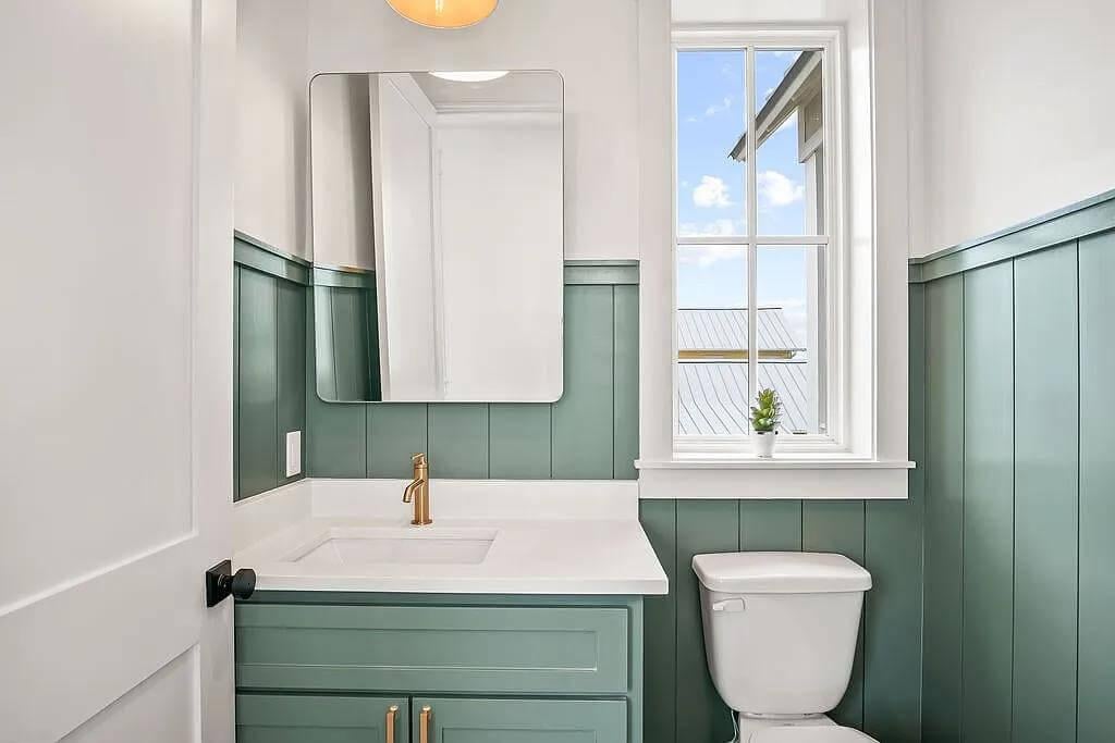 Notice the Elegant Brass Fixtures in This Fresh Powder Room