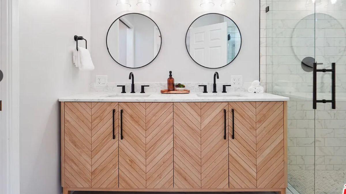 Check Out This Double Vanity With Chevron Detail
