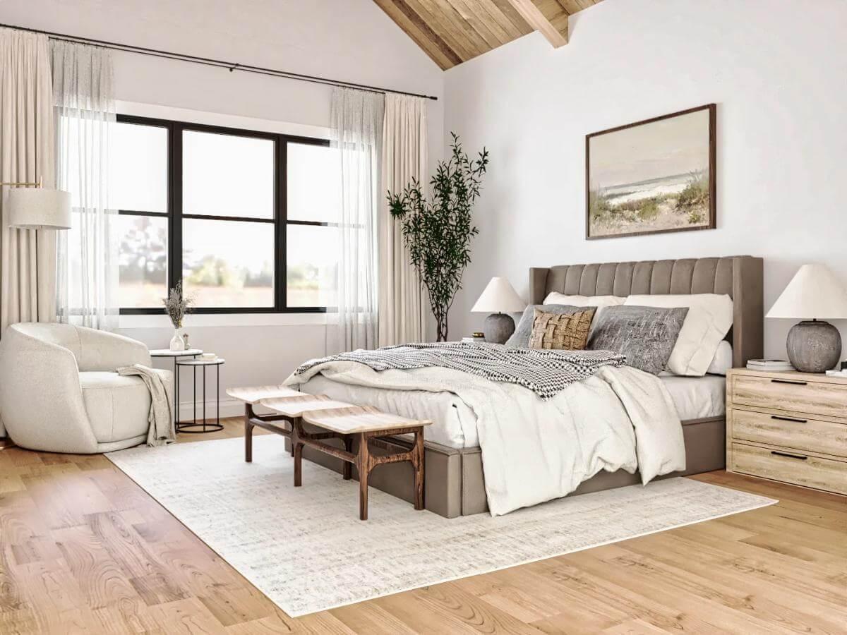 Spot the Vaulted Wood Ceiling in This Serene Bedroom Retreat