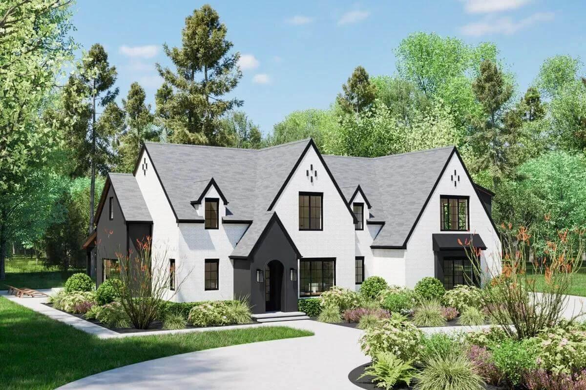 Modern Tudor Charm with a Light Brick Facade