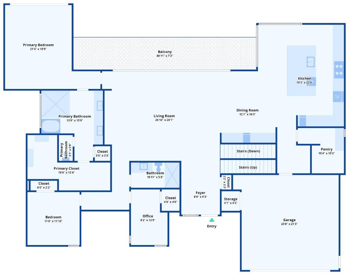 Spacious Floor Plan Highlighting an Elegant Primary Suite with Balcony Access