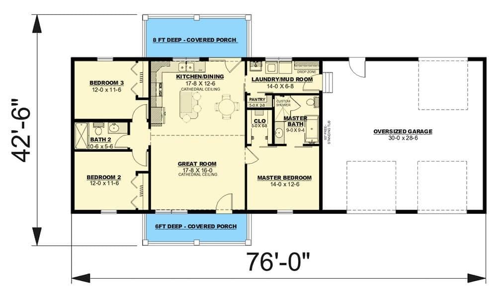 Explore the Flow of This Craftsman Cottage Floor Plan with Cathedral Ceilings in Key Areas