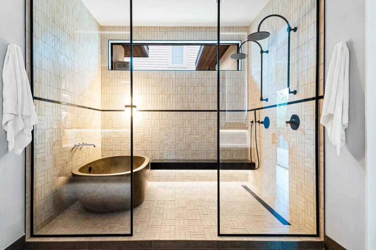Take a Look at That Luxurious Stone Tub in This Contemporary Bathroom