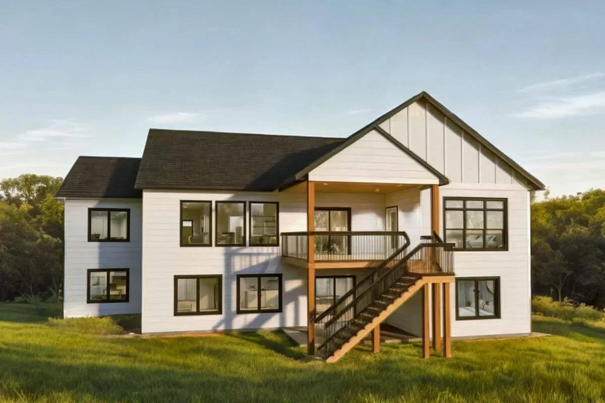 Admire the Elevated Deck and Bold Black Window Trim on This Modern Home