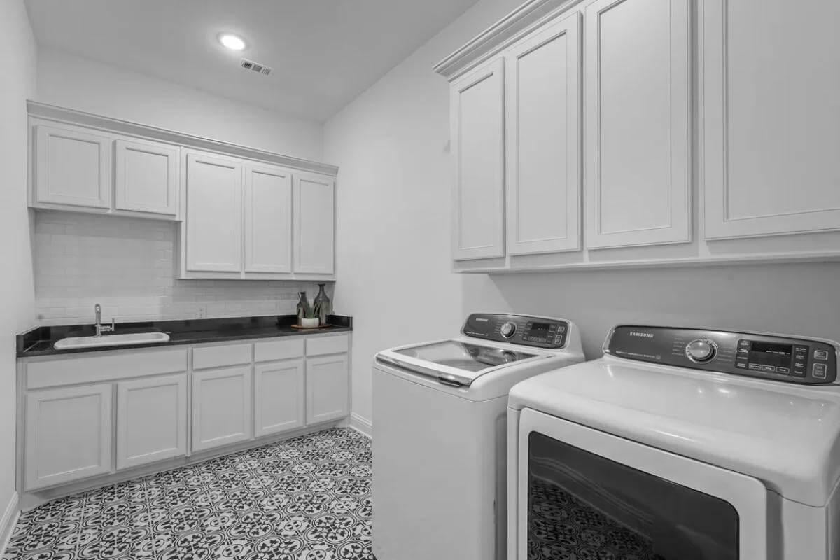 Spot the Intricate Patterned Tile in This Functional Laundry Room
