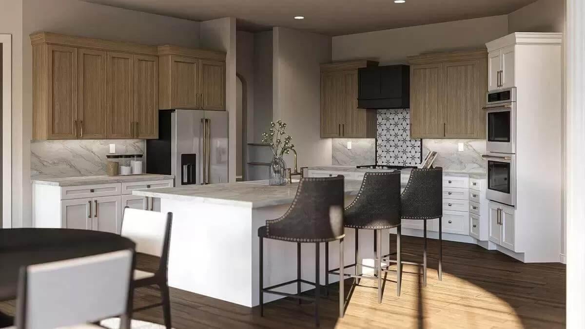 Check Out This Kitchen Island with Marble Waterfall Countertops