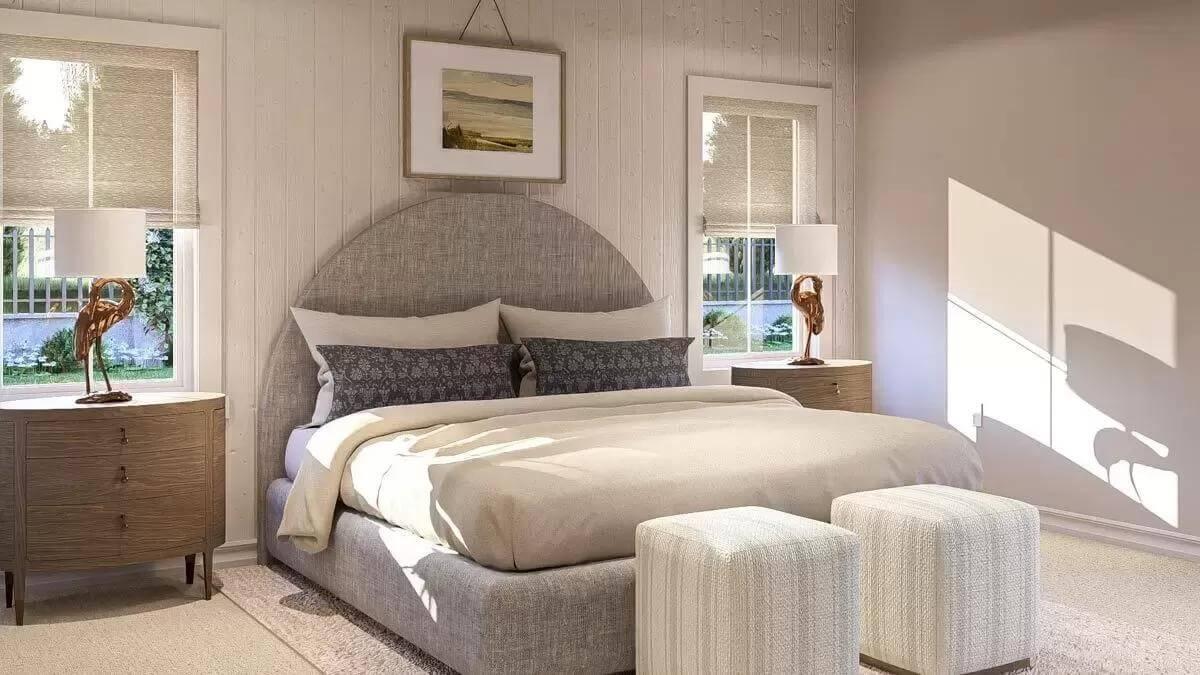 Serene Bedroom Featuring a Unique Curved Headboard Design