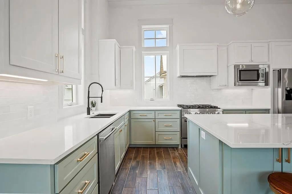 Soft Blue Cabinets Make a Splash in This Sunlit Kitchen