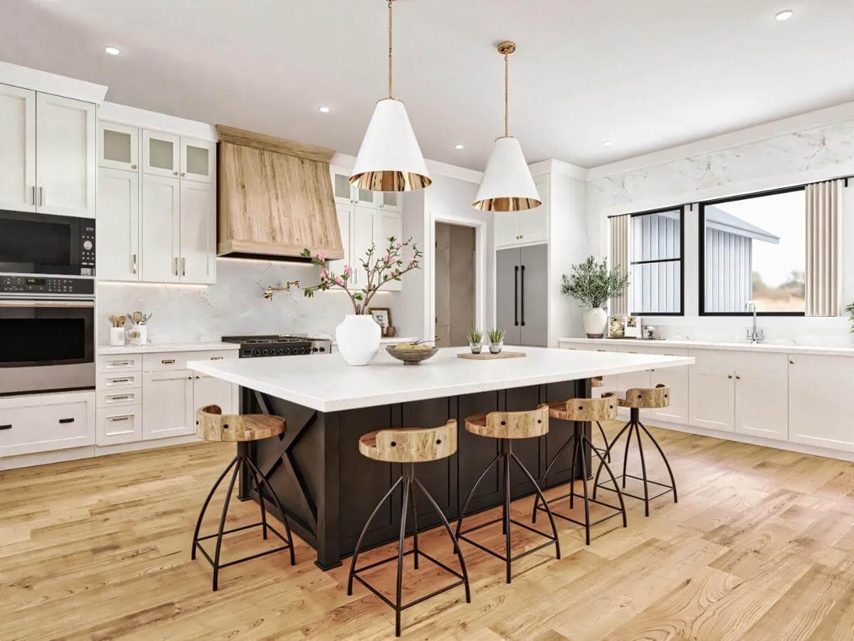 Admire the Striking Wooden Range Hood in This Modern Kitchen