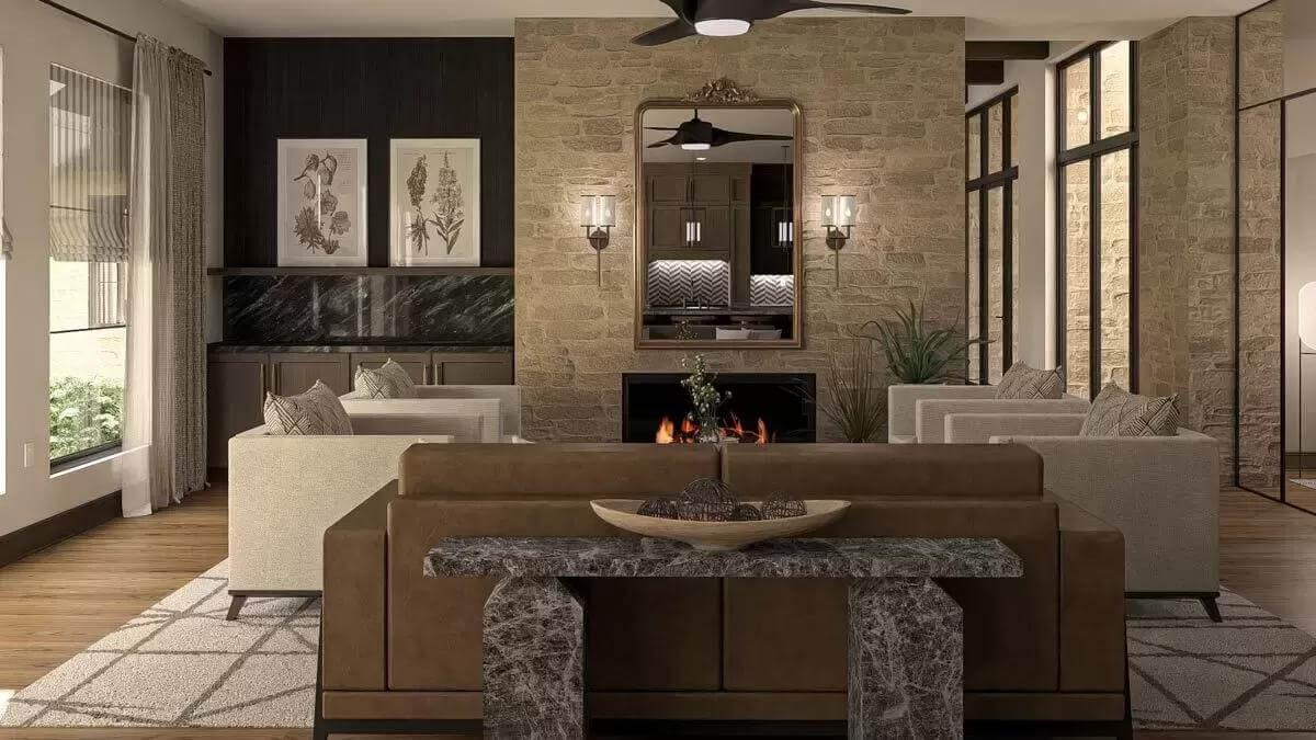 Sophisticated Living Room with a Marble Console and Stone Fireplace
