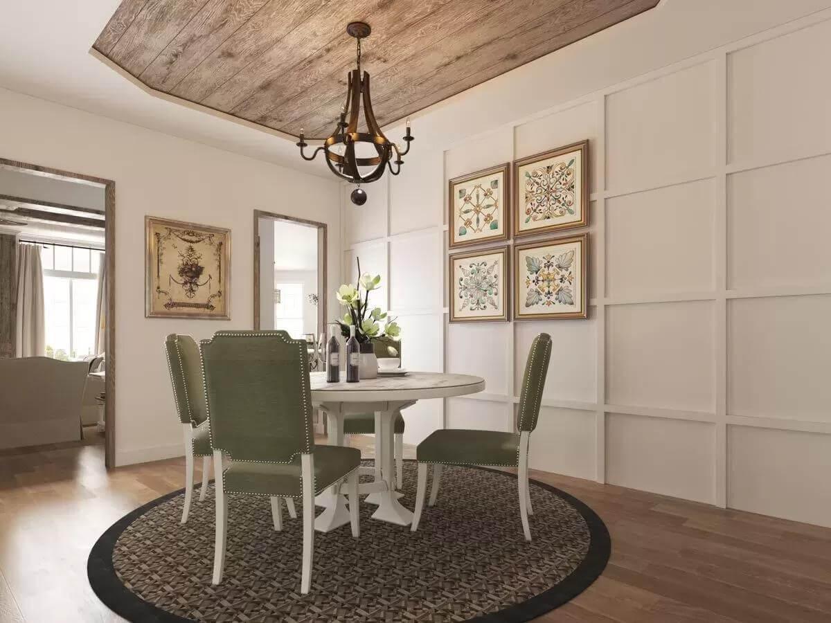 Cozy Dining Room with Wood-Accented Ceiling and Textured Walls