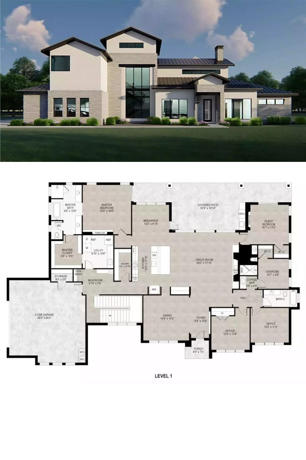 This contemporary farmhouse makes a bold statement with its angular rooflines, expansive windows, and a sleek blend of materials. The façade features a striking contrast between light-colored stucco and stone accents, framed by dark trim and a standing seam metal roof. Multiple roof peaks and a covered front entry supported by a stone column contribute to the home’s dynamic and refined curb appeal.