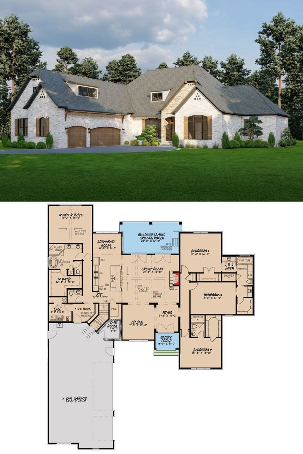 This timeless brick and stone residence exudes classic European-inspired charm with a stately presence. The front façade features a soft whitewashed brick exterior complemented by warm-toned wooden shutters and an accent gable clad in stone. Steep rooflines and gable vents add architectural interest, while the arched entry and windows enhance the elegant aesthetic. Dual arched garage doors balance the design, positioned to the left for seamless integration into the home’s overall structure.