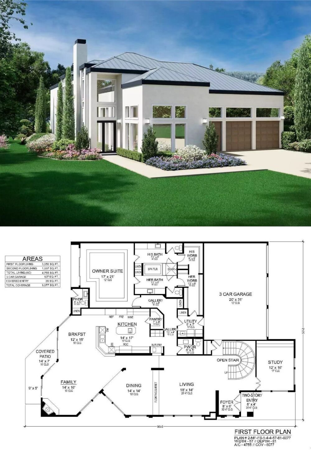 This contemporary home features clean lines, large windows, and a sleek white exterior with dark trim and a metal roof. The tall entry and front-facing windows give the house a bold look. A three-car garage blends into the design, with high windows that bring in natural light.