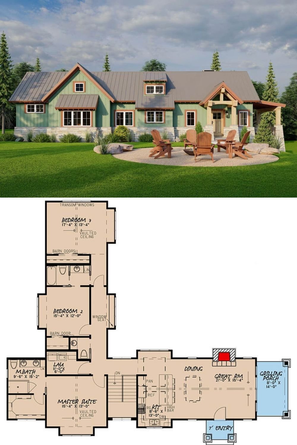 This charming craftsman-style home blends rustic character with modern comfort, highlighted by a green board-and-batten exterior, warm wood trim, and a standing seam metal roof. Timber posts and exposed rafters enhance the inviting front porch, while stonework at the base adds a grounded, natural feel.