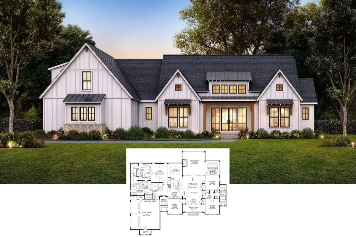 The Lotus 2 4-Bedroom Farmhouse with Bonus Room and Open-Concept Living (Floor Plan)