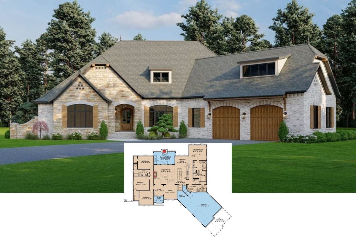 4-Bedroom French Country Home with Bonus Room Above the Angled Garage (Floor Plan)