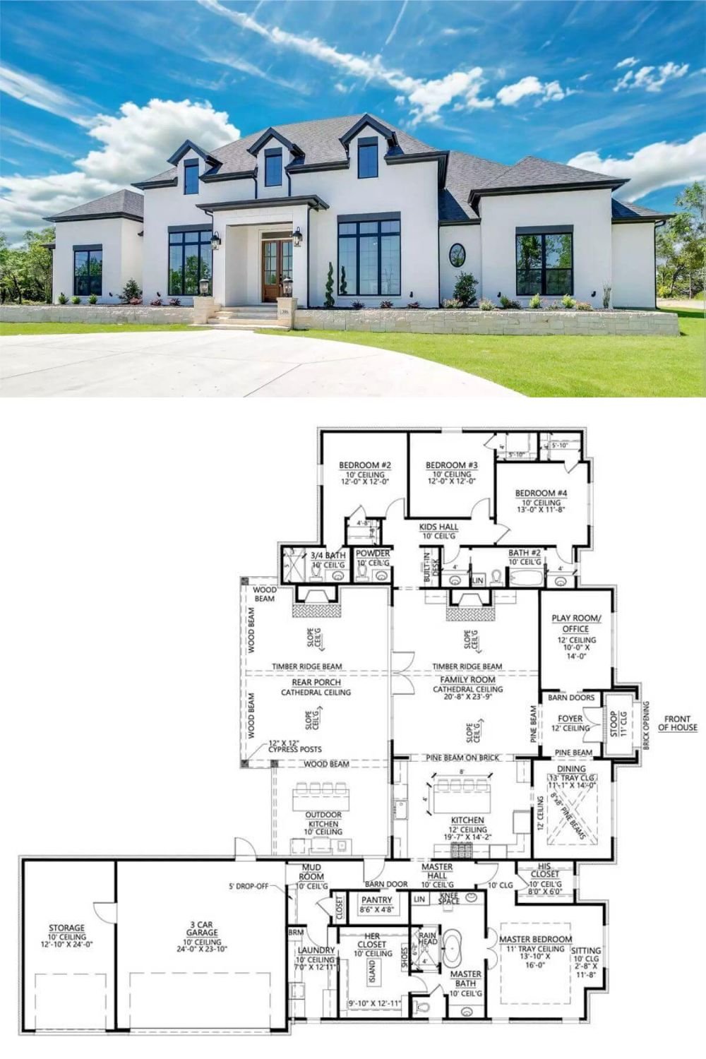 This residence showcases French-inspired architecture with a modern flair, featuring a crisp stucco exterior accented by black trim and rooflines. The symmetrical facade is enhanced by tall, gridded windows that frame the central covered entryway, adding drama and sophistication. A trio of dormers and a clean-lined portico give the home a stately yet welcoming presence, combining classic European influence with contemporary edge.