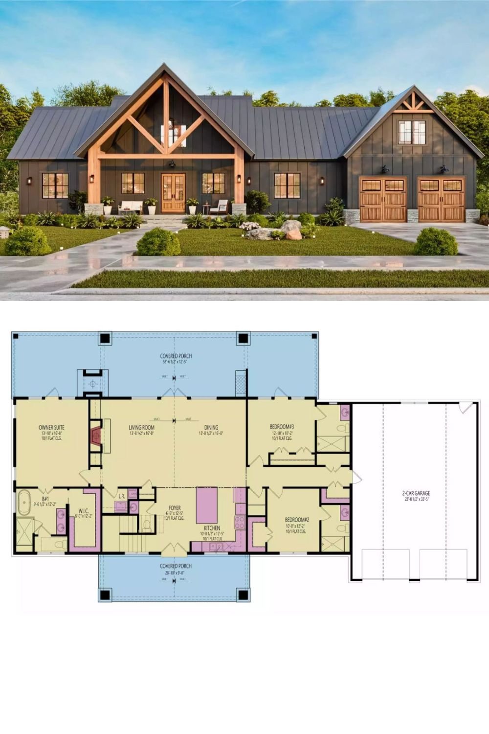 This modern farmhouse combines classic charm with bold architectural elements, featuring a dark board-and-batten exterior accented by natural wood trusses and trim. A large central gable with timber framing crowns the welcoming front porch, while symmetrical windows and wood-accented garage doors add a rustic warmth to the contemporary palette. The metal roof and simple geometric lines give the home a fresh, modern silhouette.