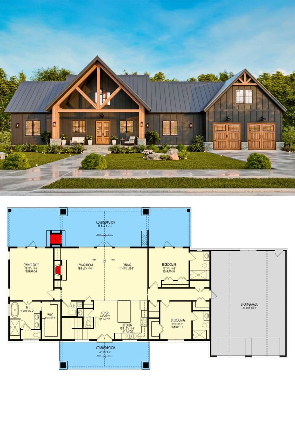 This mountain-style home blends modern rustic appeal with elegant architectural detail. The exterior showcases a dark board-and-batten façade accented by natural wood beams and gable trusses. A covered entry is framed by timber supports and leads to a central front door flanked by tall windows. The symmetry of the design is balanced with a two-car garage on the right, featuring warm wood-tone doors and a decorative gable vent above, echoing the home’s rustic motif.