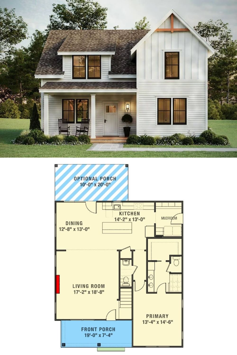 This New American-style home boasts timeless curb appeal with its crisp white board-and-batten siding, sleek black window frames, and welcoming front porch. The symmetrical front elevation is anchored by a gabled projection on the right and a shed-dormer roofline over the upper windows on the left. A classic front door with divided glass panels invites you inside, framed by cozy porch seating that enhances its friendly, farmhouse-inspired character.